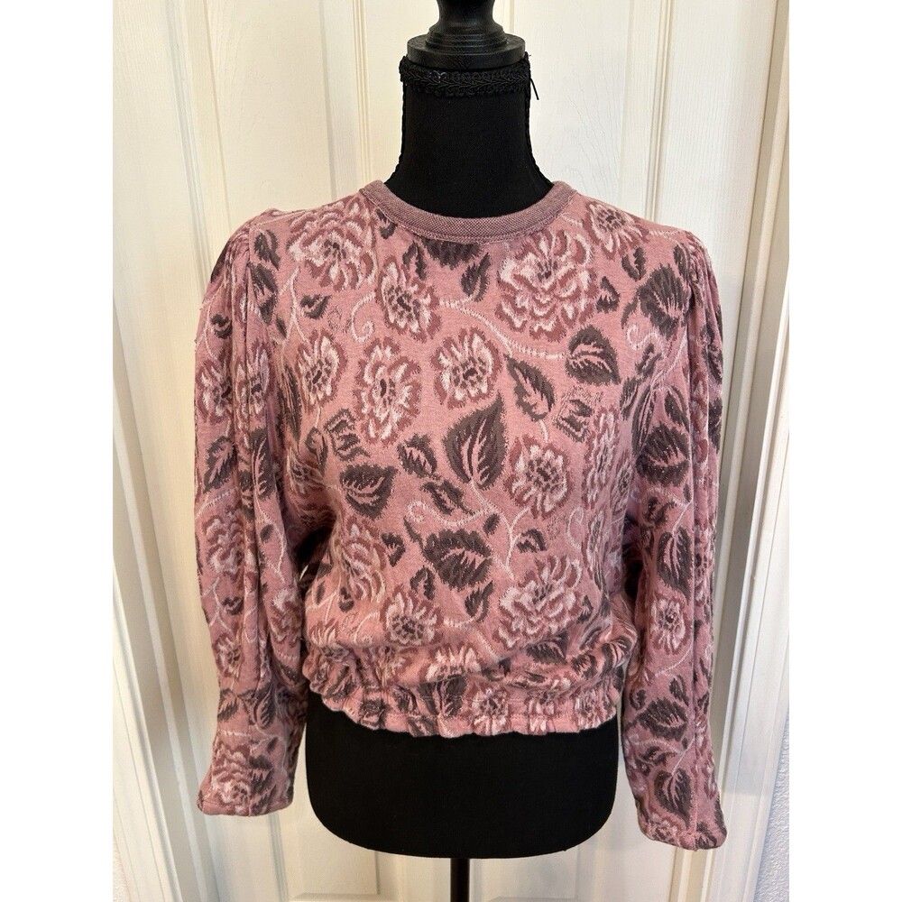 Free People Top Womens Size M Pink Cropped Floral Festival Preppy Puff Sleeve